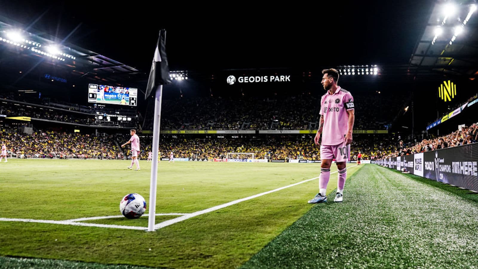 Lionel Messi celebrates scoring for Inter Miami vs Nashville